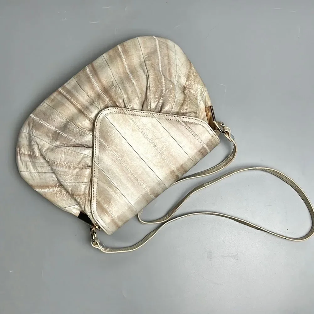 Vintage Real Eel Skin Beige Clutch / Shoulder Bag Purse made in Korea